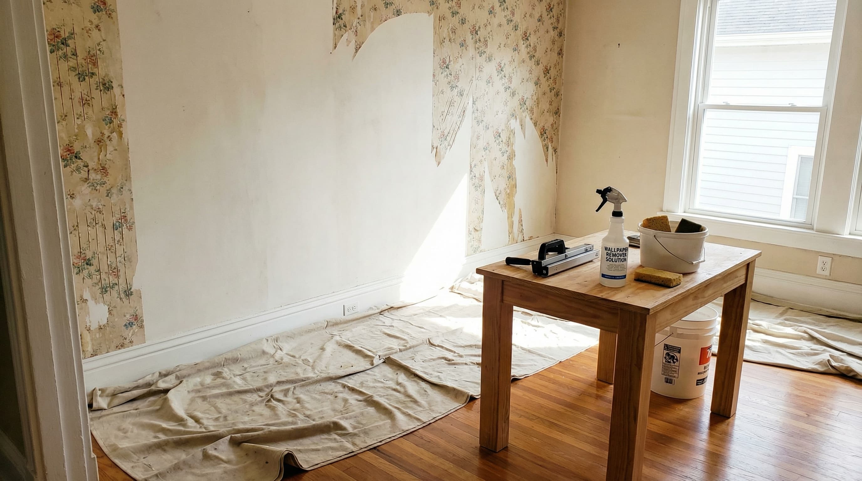 Professional wallpaper removal in progress in a Nashville home with clean stripped walls and drop cloths on hardwood floors
