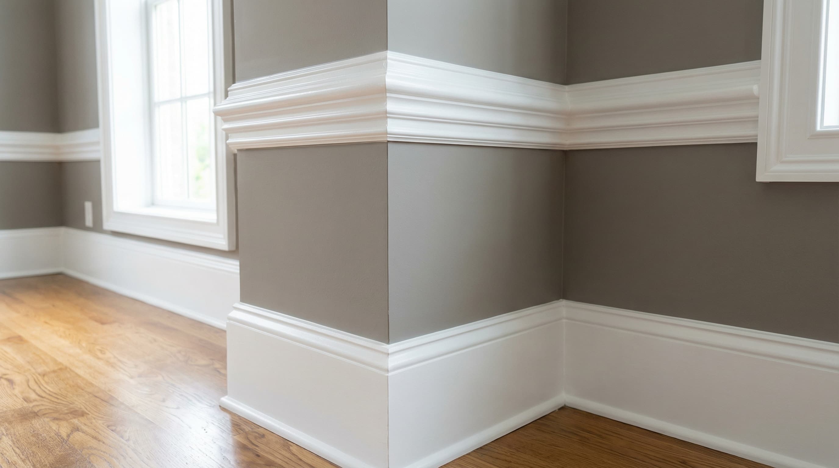 Freshly painted bright white crown molding and baseboards with crisp lines against gray walls in a Nashville home