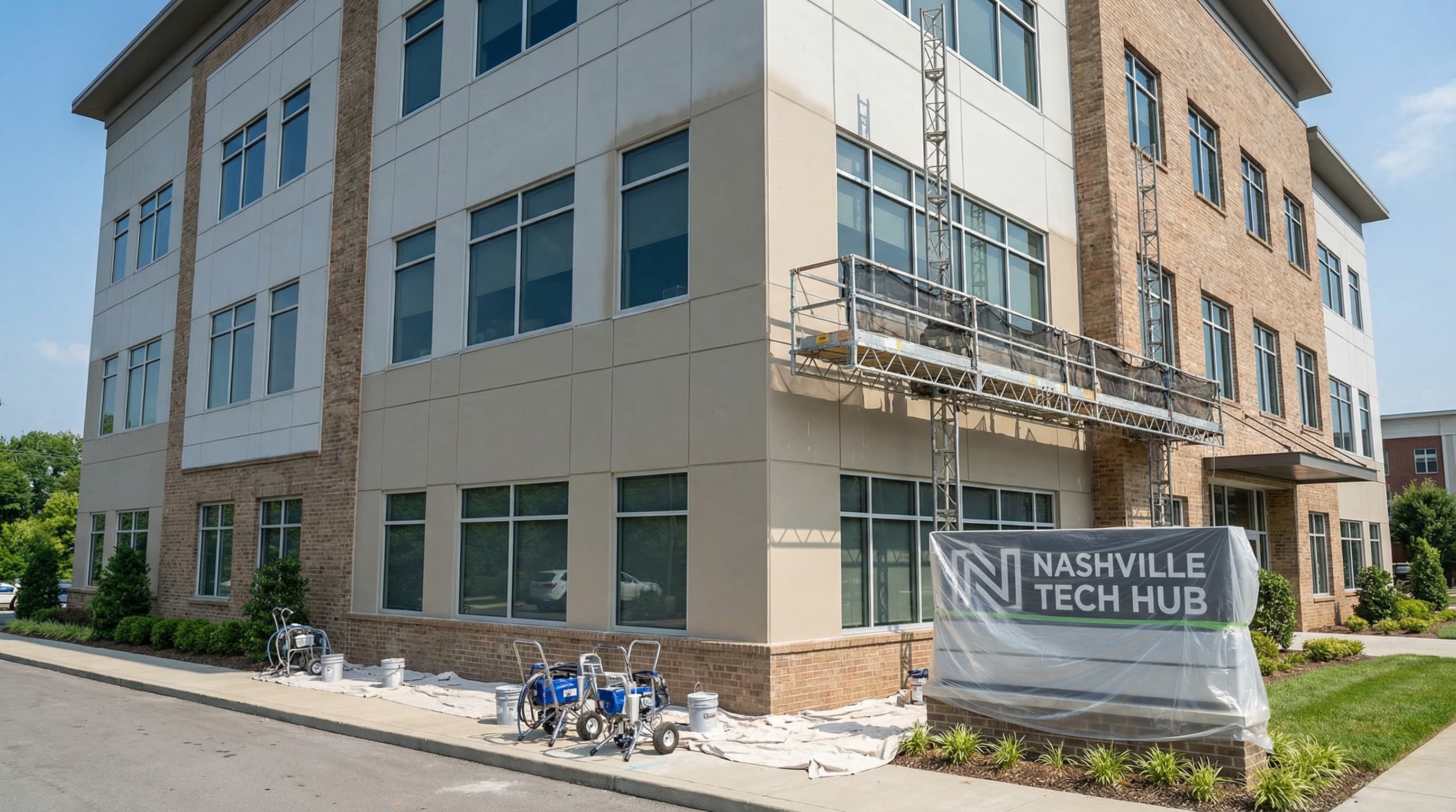 Professional commercial exterior painting on a Nashville office building with fiber cement and brick facade